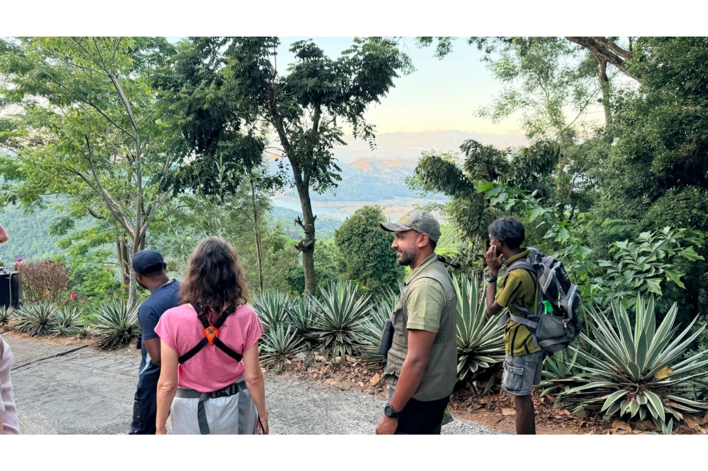 Guide Ravi with binoculars and safari vest leading hikers and explaining mountain ridges at a scenic stone lookout in Knuckles